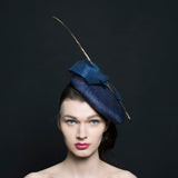 Navy large button beret fascinator/hat with navy trimming and a gold pheasant feather, perfect for weddings, Ascot and Occasions