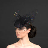 black button beret fascinator with veiling and quills, perfect for Ascot