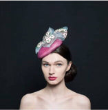 Purple/pink handles button beret, with oversized bow with embroidery flowers