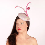 Wedding/races pink and white mini beret hat/fasconator