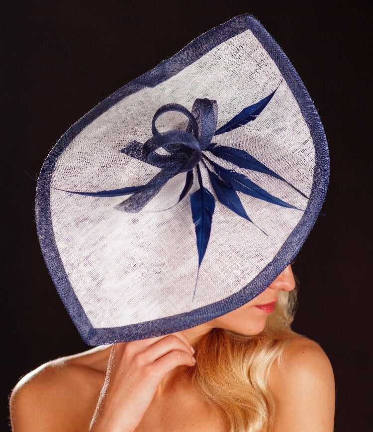 white and navy blue Petal shaped fascinator hat