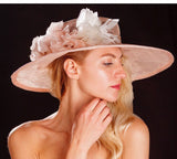 Big brimmed blush hat, with silk flowers and feathers