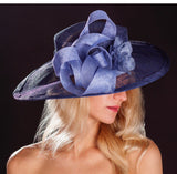 Navy Blue large brimmed wedding hat, with light blue ribbon and rose. rivka jacobs millinery