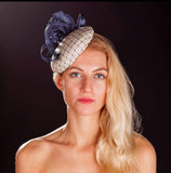 Navy and white hat/ beret hat for weddings, rivka jacobs, millinery