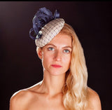 Navy and white hat/ beret hat for weddings, rivka jacobs, millinery
