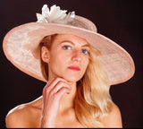Big brimmed blush hat, with silk flowers and feathers