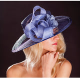 Navy Blue large brimmed wedding hat, with light blue ribbon and rose. rivka jacobs millinery