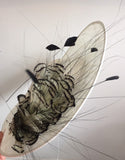 Large white saucer hat with spray of black and white feathers and dimonte motif