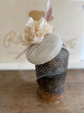 Cream button beret with cream rose, veiling, quills