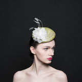 light green button beret hat/fascinator with a silk white rose and a spray of white feathers, mother of bride, Ascot
