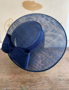 Navy blue mid size brim wedding hat with navy blue silk band with navy blue silk bow. Rivka Jacobs - millinery