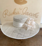 White wedding hat with silk band and feather flowers
