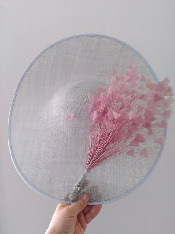 Light blue large saucer hat -  saucer hat with pink feathers and pretty dimonte detail