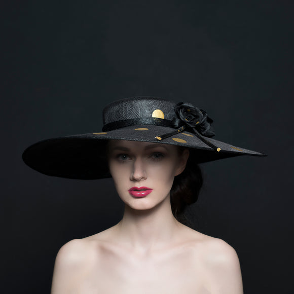 Large black brim hat with gold spots and silk black roses, Ascot, ladies day occasions