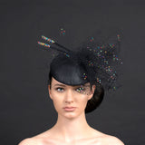 black button beret fascinator with veiling and quills, perfect for Ascot
