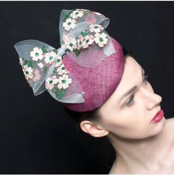 Purple/pink handles button beret, with oversized bow with embroidery flowers