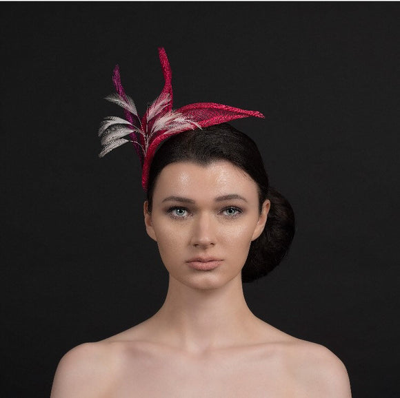 Pink fascinator,3 shades of pink with spray of light pink feathers perfect for weddings and ladies day. Rivka Jacobs millinery
