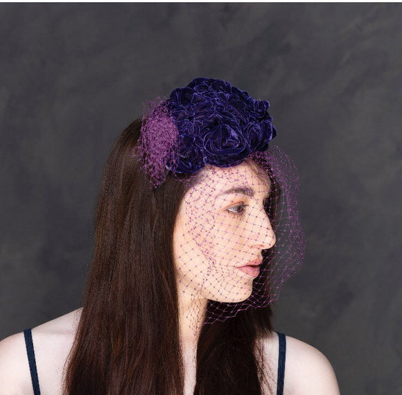 Purple velvet roses headband with bird cage veil