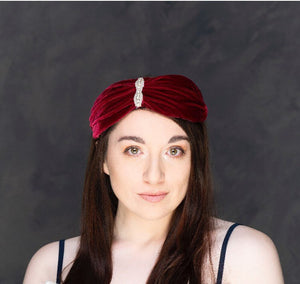 Deep red silk velvet turban style headband