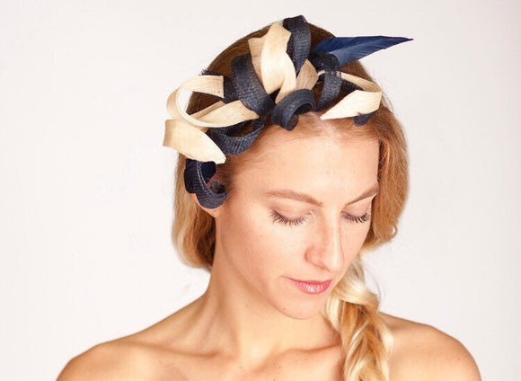 Navy and Cream fascinator, rivka jacobs, millinery