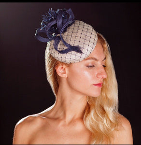 Navy and white hat/ beret hat for weddings, rivka jacobs, millinery
