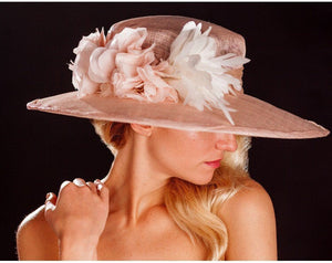Big brimmed blush hat, with silk flowers and feathers