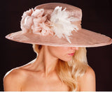 Big brimmed blush hat, with silk flowers and feathers