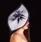 white and navy blue -Petal shaped fascinator/hat