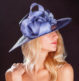 Navy Blue large brimmed wedding hat, with light blue ribbon and rose. rivka jacobs millinery