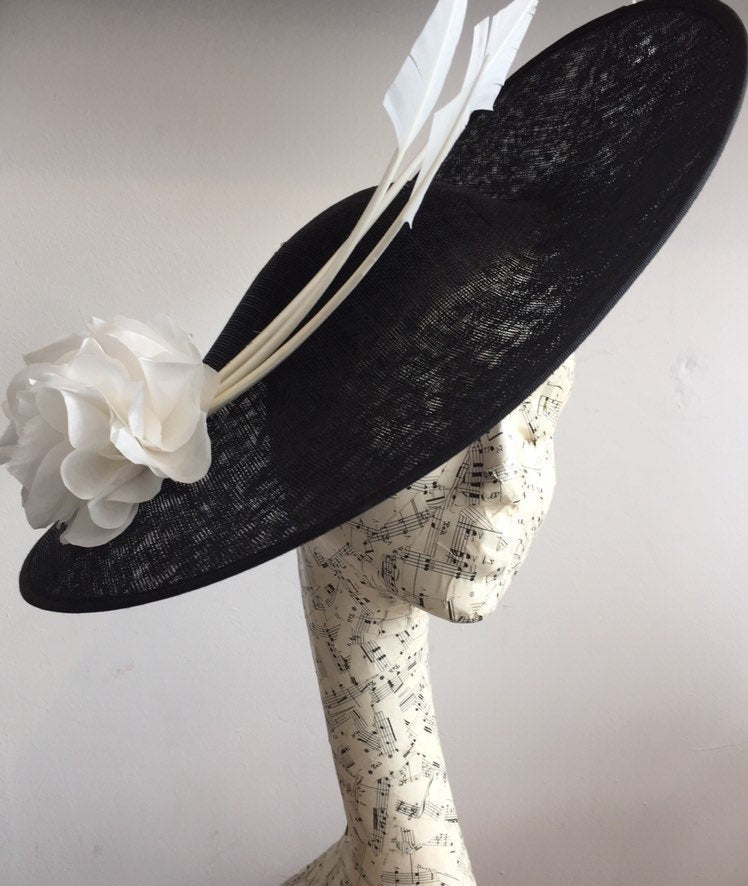 Large black and white saucer hat Rivka Jacobs Millinery