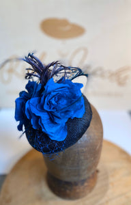 Navy blue and turquoise beret hat with silk flowers, feathers and veiling. rivka jacobs millinery