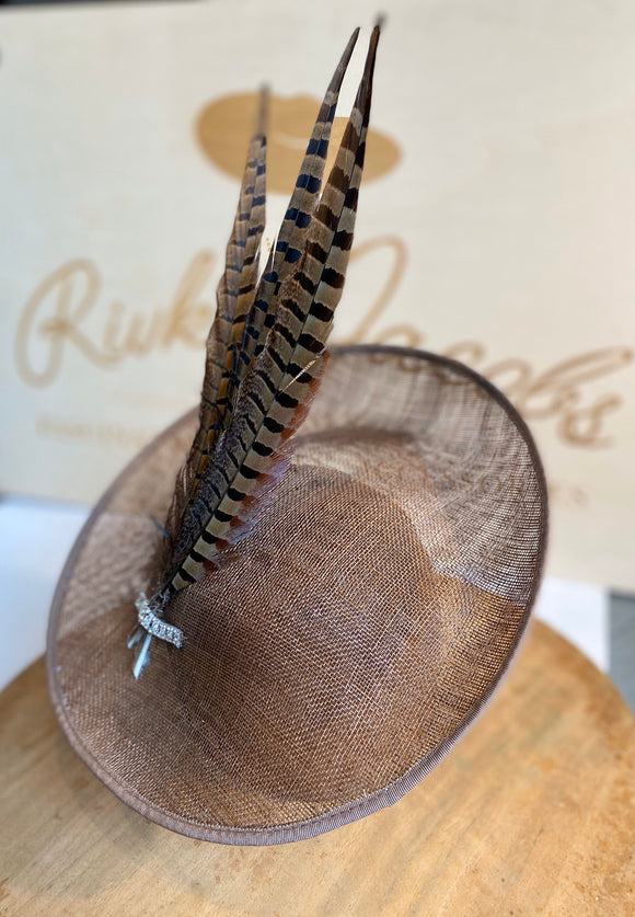 Brown saucer hat, pheasant feathers 