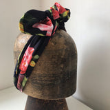 Navy blue fabric with pink roses,  wired headbands.Rivka Jacobs millinery