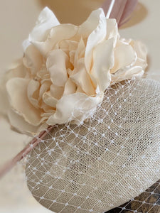 Cream button beret with cream rose, veiling, quills