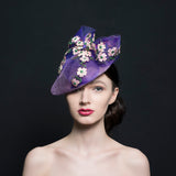 Purple petal shaped hat/fascinator with purple coin bow with embroidery flowers. perfect for weddings or Ascot